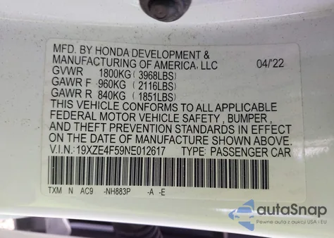 2022 Honda Insight Ex из США, поврежденный, VIN 19XZE4F59NE012617